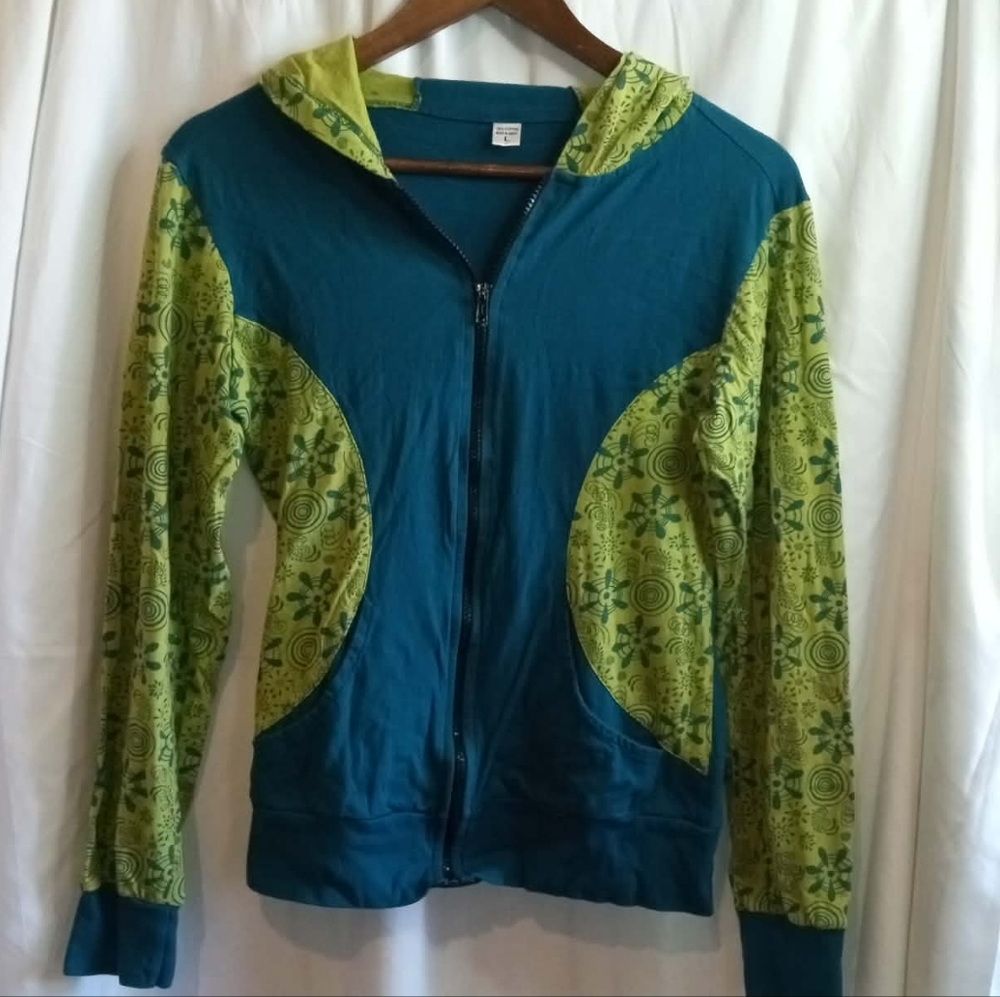 Nepal 100% Cotton Teal Zip-Up Hoodie Lime Green Patterned Trim Looks Small Large